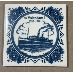 Holland America Line SS Volendam Coaster Delft Blue Ceramic Tile Cork